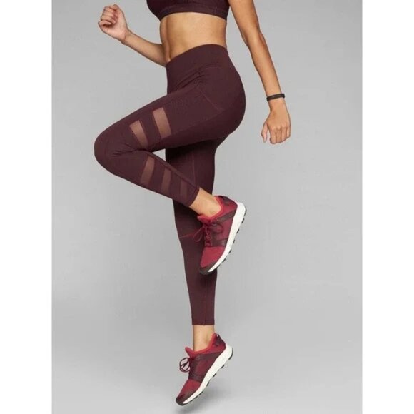 Athleta Slash Stealth 7/8 Tight Mesh Panels Leggings Burgundy Pockets Fitted S - Picture 2 of 16